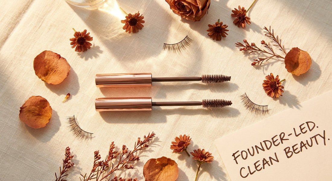 Two mascara wands resting on ivory linen surrounded by copper-toned dried botanicals and rose petals in warm golden light.