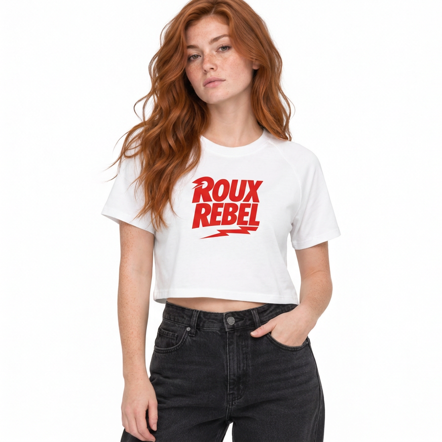 Roux rebel shirt in white cropped on redhead model