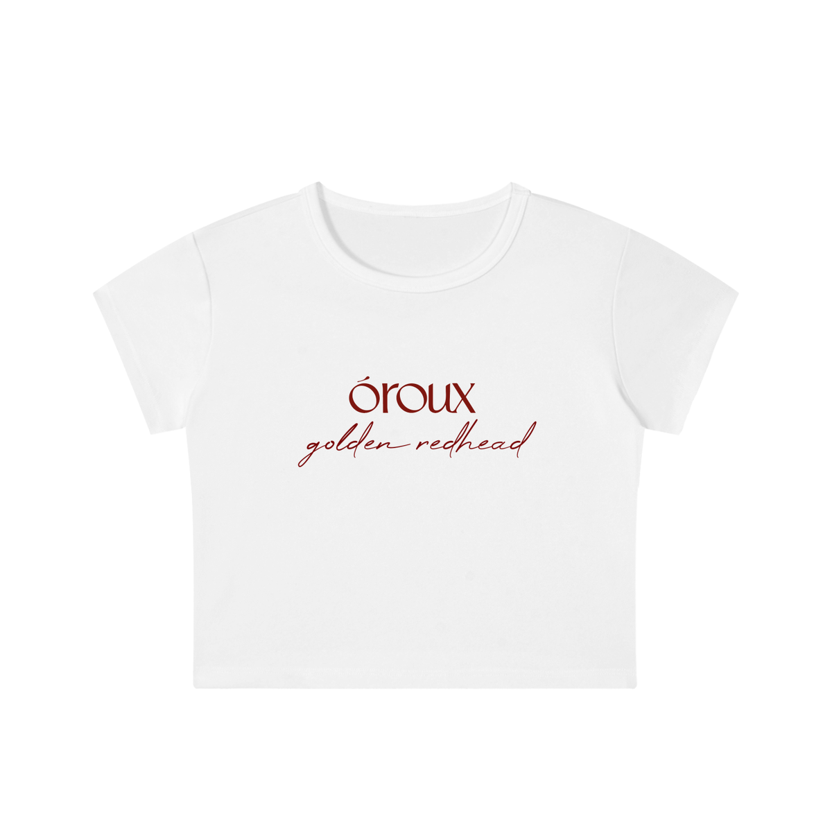 A white short-sleeve crop top t-shirt with 'oroux golden redhead' printed in red across the chest, shown on a plain white background.
