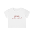 A white short-sleeve crop top t-shirt with &