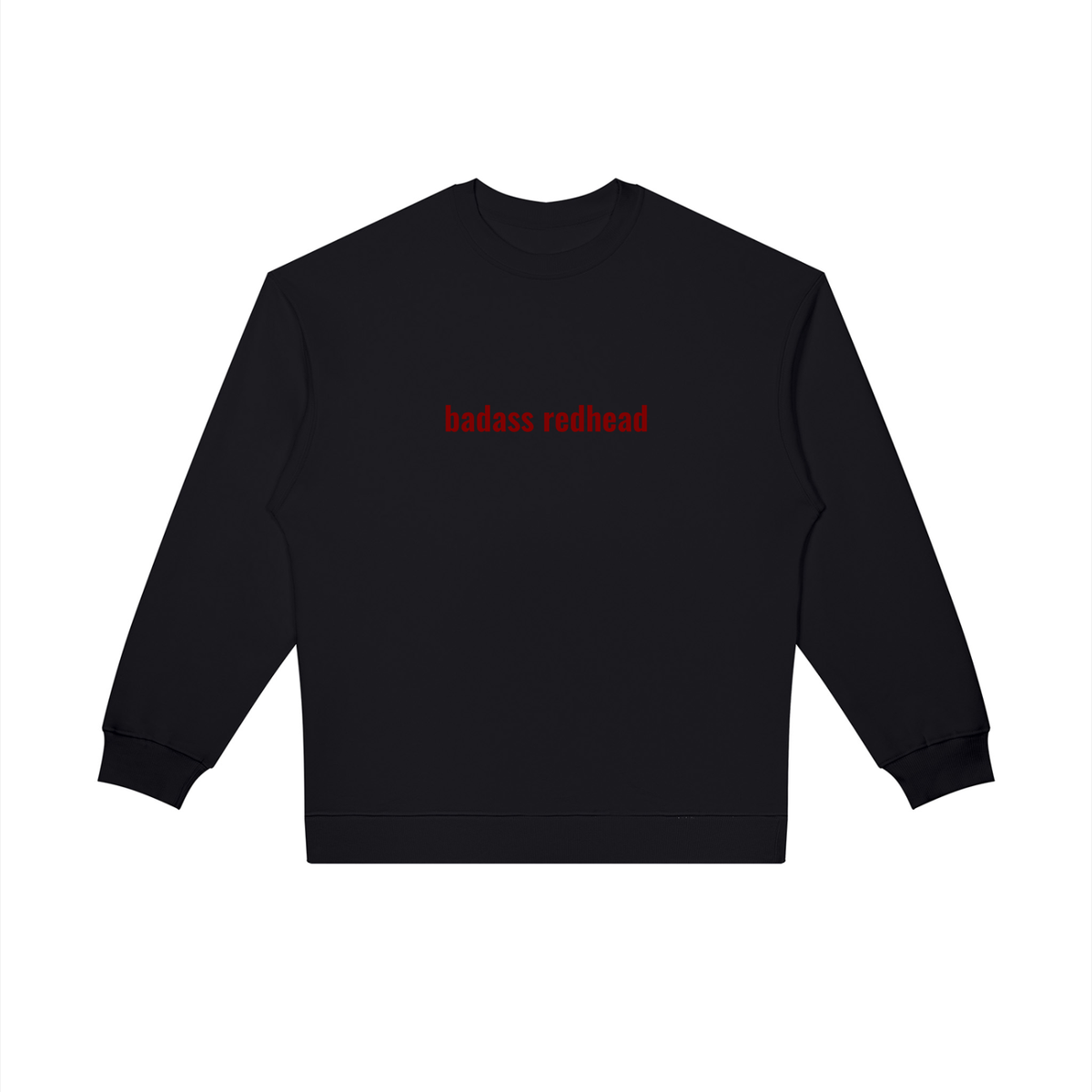 Model pairing the oversized Badass Redhead sweatshirt with casual bottoms
