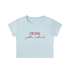 A light blue short-sleeve crop top t-shirt with &