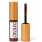 A dark auburn brow gel bottle with a bamboo-textured cap stands next to its open wand applicator, which shows the brown product loaded into the spoolie, on a white background.