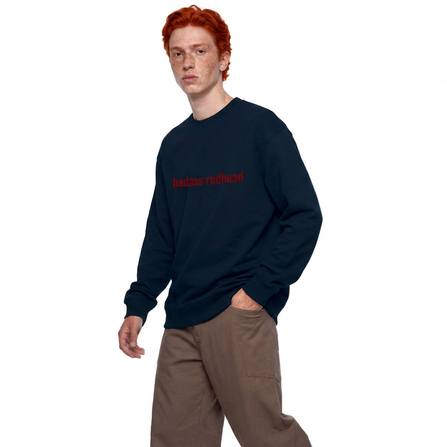 Oversized crewneck sweatshirt with 'Badass Redhead' embroidery shown front on mannequin