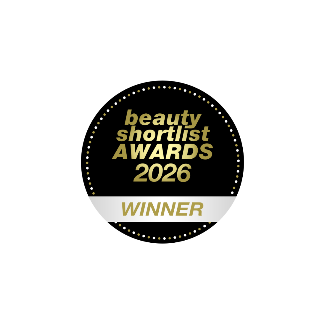 Badge for 'beauty shortlist AWARDS 2026 WINNER' with gold text on a black and white background
