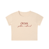 A cream-colored short-sleeve crop top t-shirt with &