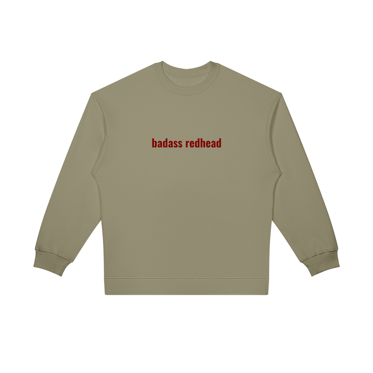 Model wearing Badass Redhead oversized crewneck sweatshirt, relaxed fit
