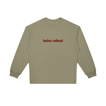 Model wearing Badass Redhead oversized crewneck sweatshirt, relaxed fit