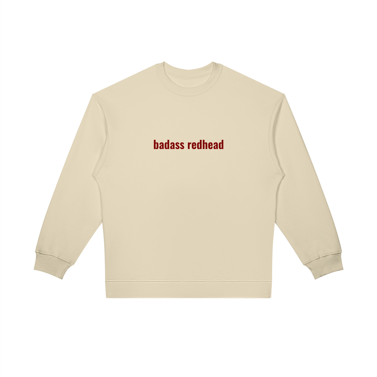Folded Badass Redhead crewneck showing fabric weight and texture