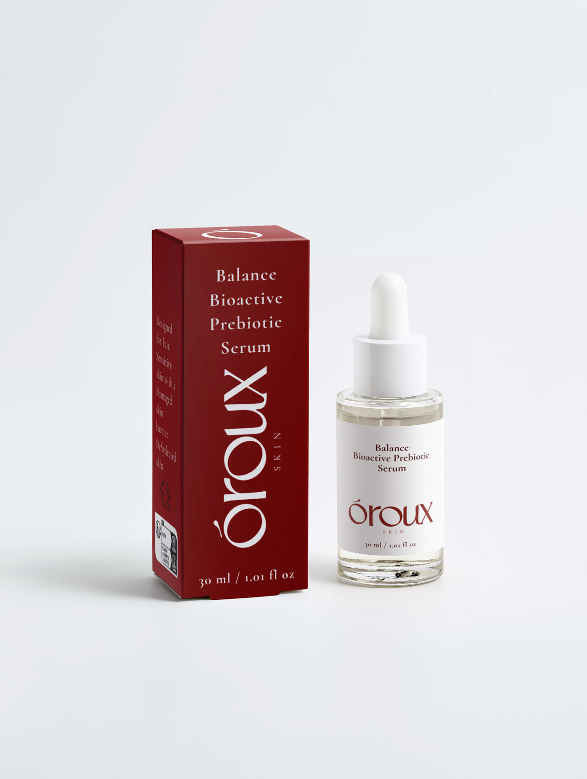 A bottle of oroux Skin Balance Bioactive Prebiotic Serum next to its dark red packaging box, set against a clean white background.