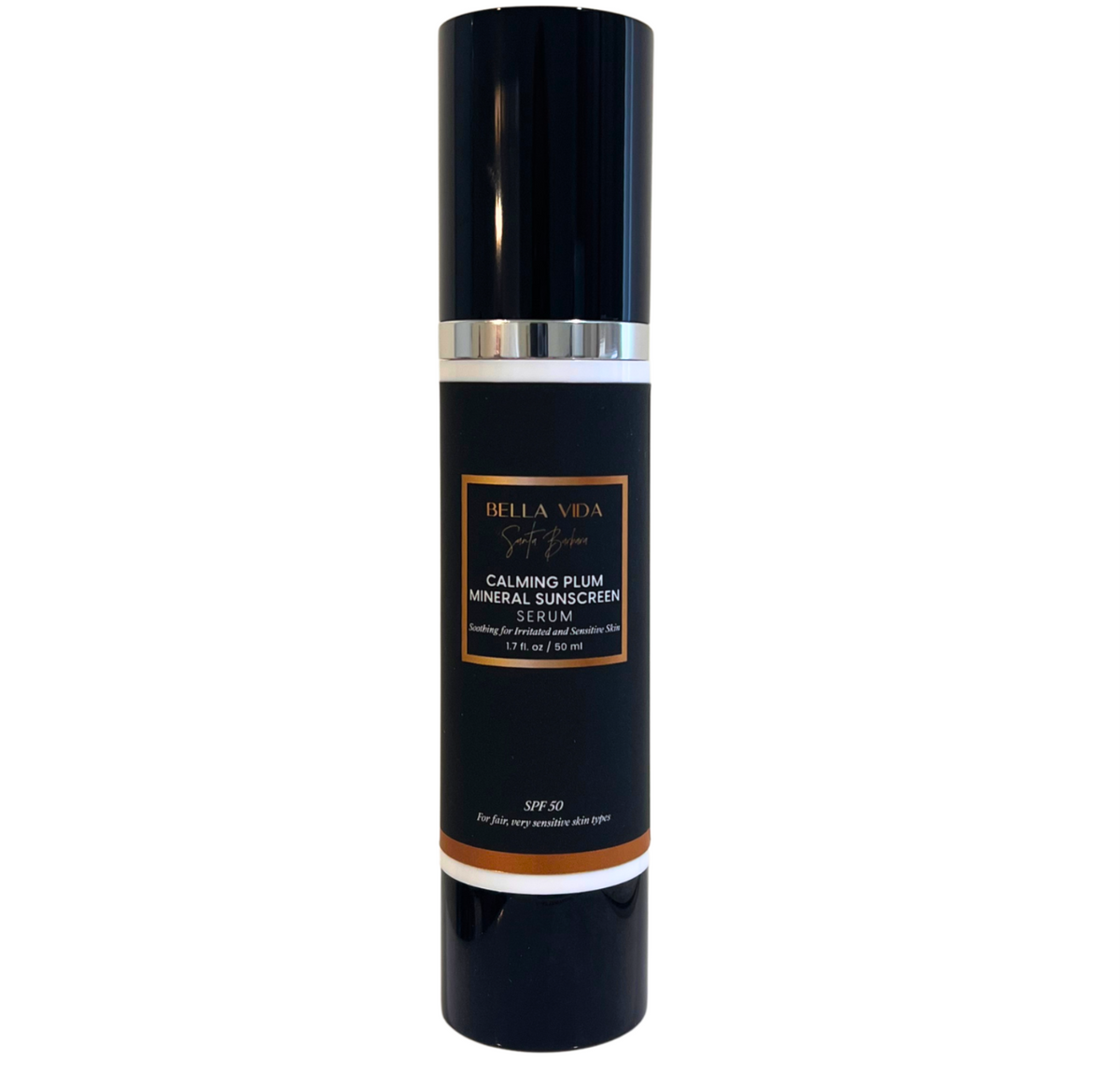 A tall black cylindrical bottle of Bella Vida Calming Plum Mineral Sunscreen SPF 50, featuring a shiny black cap, a silver metallic band, and a black label with gold and white text, set against a plain white background.