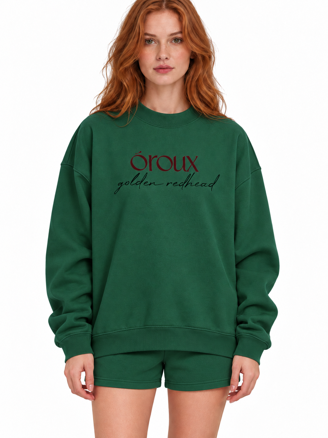 redhead model wearing Oroux Forest_Green_Golden_Redhead_