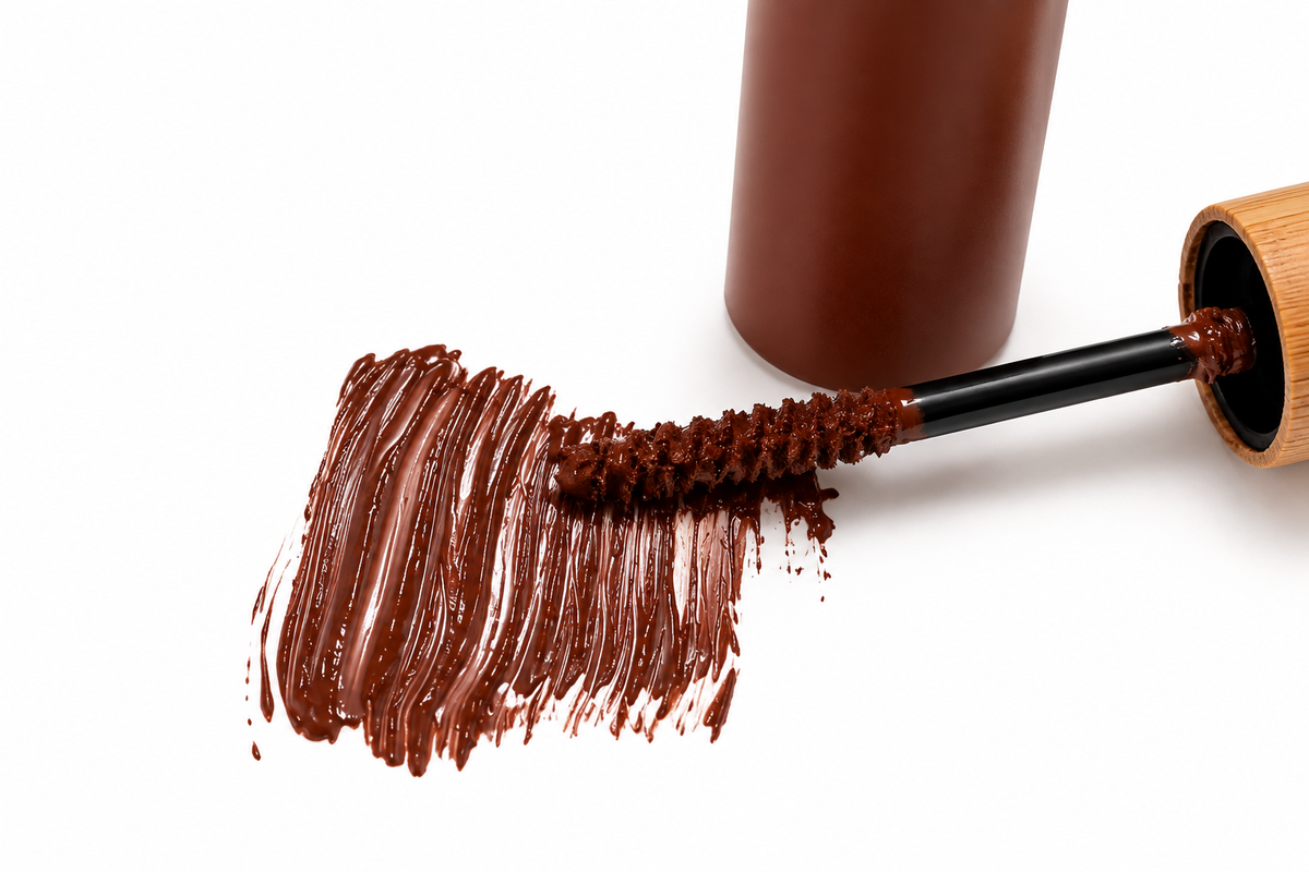 A close-up of a brown cosmetic product swatch with a thick textured smear, a wand applicator coated with the product, and part of the brown bottle on a clean white background.