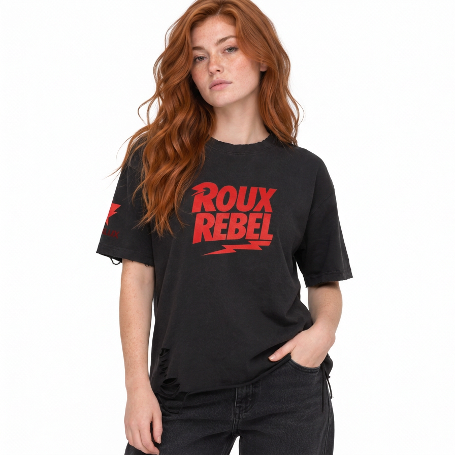 model with red. hair wearing a roux rebel shirt by oroux rocker shirt with raw hem