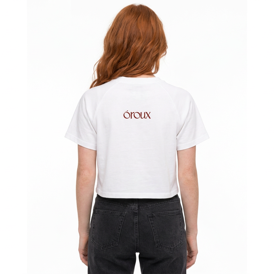 Roux rebel shirt in white cropped on redhead model oroux logo on back of shirt