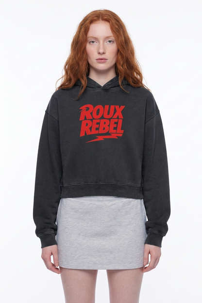 Roux rebel vintage wash rocker sweatshirt hoodie in vintage black with redhead model
