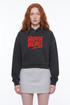 Roux rebel vintage wash rocker sweatshirt hoodie in vintage black with redhead model