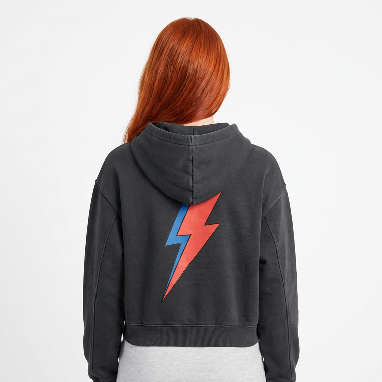 Roux rebel vintage wash rocker sweatshirt hoodie with redhead model back with bowie lighting bolt