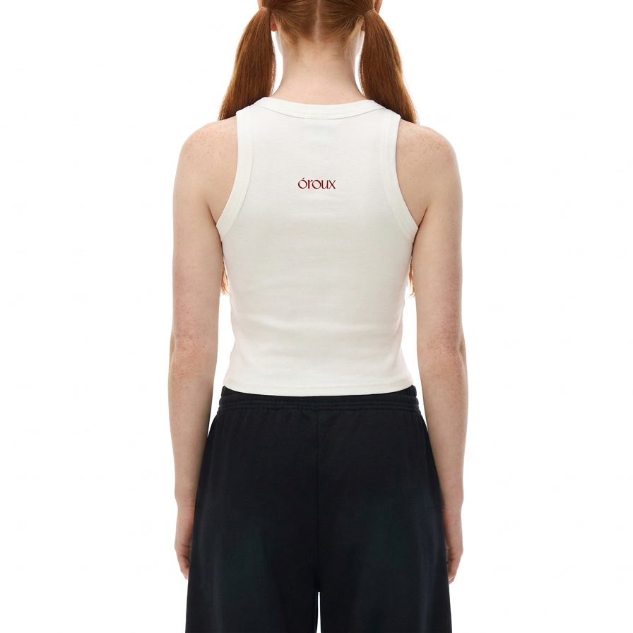 redhead model wearing badass redhead oroux tank top from back.