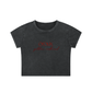 A dark gray cropped short-sleeve t-shirt with a small red heart patch on the left chest, displayed against a solid white background.