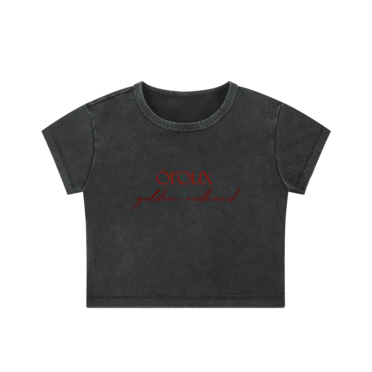 A dark gray cropped short-sleeve t-shirt with a small red heart patch on the left chest, displayed against a solid white background.