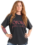 A side-by-side comparison of a woman wearing a black graphic t-shirt with pink text that reads &