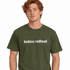 A man wearing an olive green crewneck t-shirt with the text &
