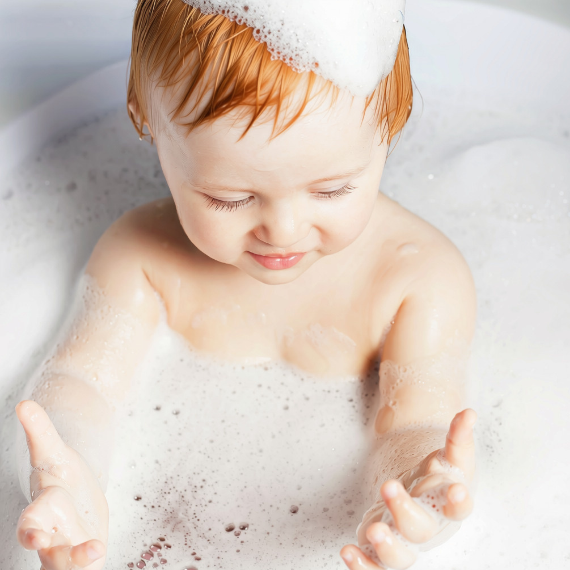 A baby with wet red hair sitting in a bubble bath, looking down with a soft smile. The scene is filled with white foam and bubbles.