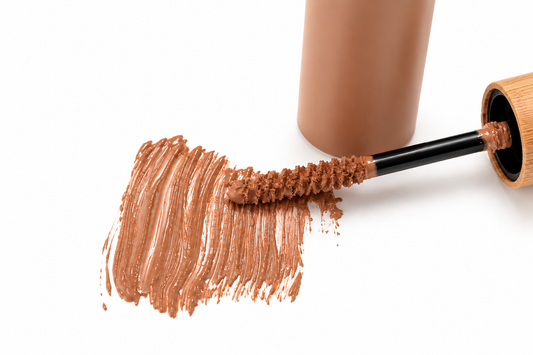 A close-up of a makeup applicator with a brown cosmetic cream swatched on a white background, showing a tube and wand applicator.