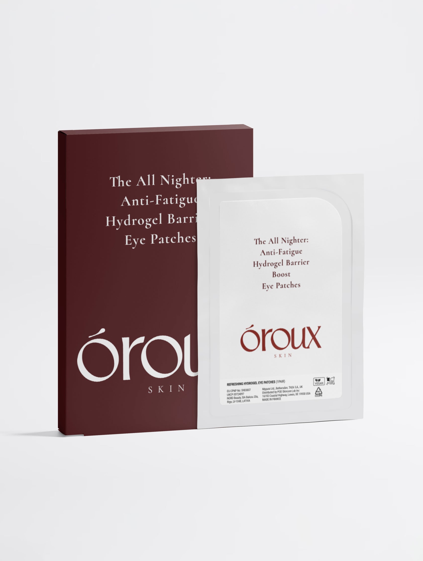 A box and single sachet of öroux Skin Anti-Fatigue Hydrogel Barrier Eye Patches on a light gray background.