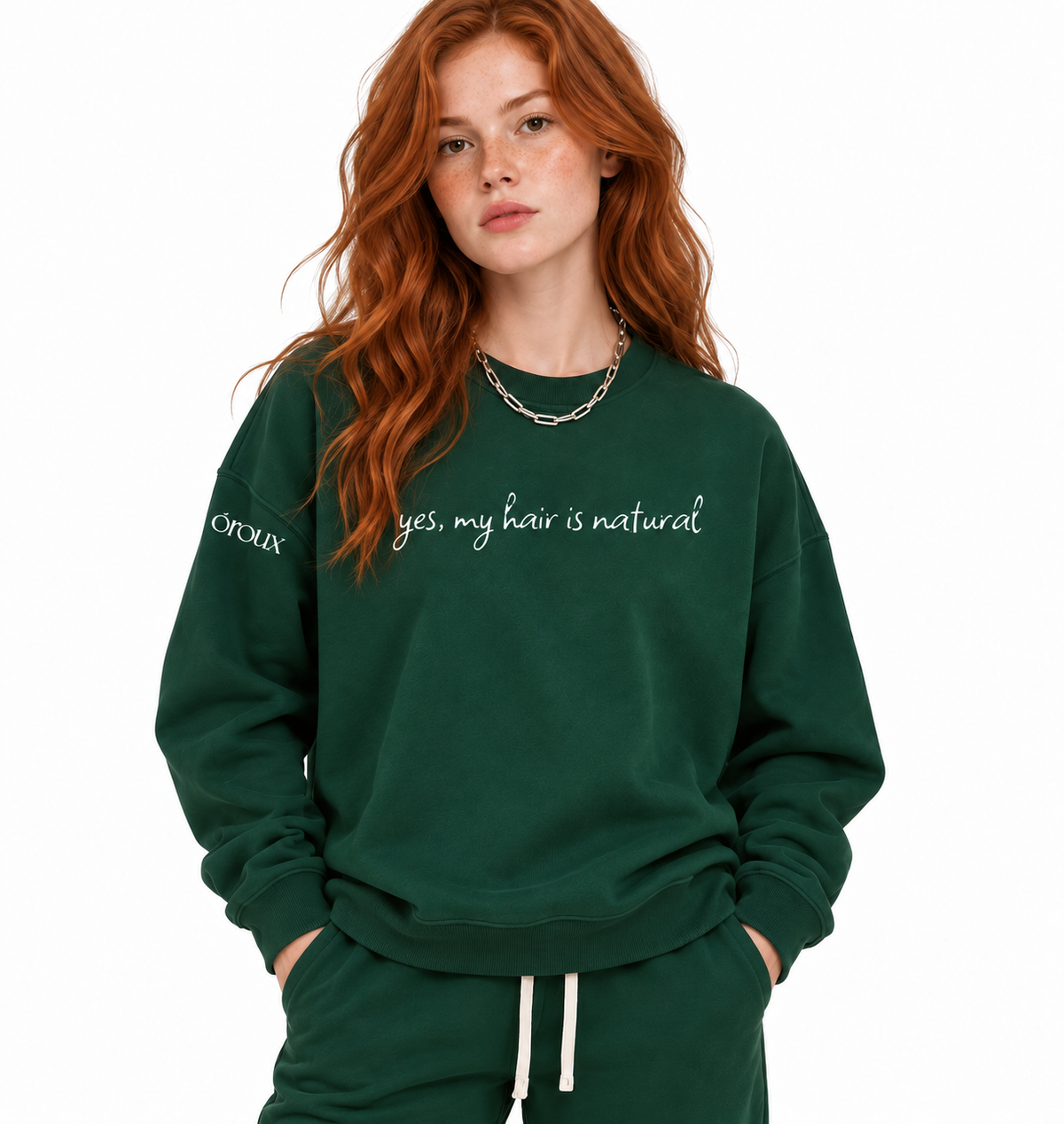 a redhead woman wearing yes my hair is natural oroux sweatshirt in forest green for redheads gingers